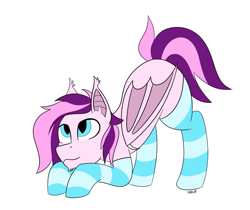 Size: 4494x3769 | Tagged: safe, artist:anglov, imported from derpibooru, oc, oc only, oc:plum taffy, bat pony, pony, ass up, bat wings, clothes, cute, face down ass up, folded wings, male, simple background, socks, solo, stallion, striped socks, tail, wings