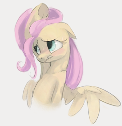 Size: 909x939 | Tagged: safe, artist:dotkwa, imported from derpibooru, fluttershy, pegasus, pony, arm behind head, armpits, blushing, bust, female, floppy ears, frog (hoof), gray background, lip bite, mare, one wing out, simple background, solo, sweat, underhoof, wings