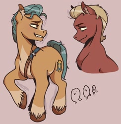 Size: 1996x2048 | Tagged: safe, artist:citruszzz, imported from derpibooru, hitch trailblazer, sprout cloverleaf, earth pony, pony, g5, hitchsprout, looking at each other, male, my little pony: a new generation, raised hoof, shipping, simple background, smiling, smiling at each other, stallion