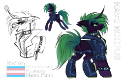 Size: 992x679 | Tagged: safe, artist:inspiredpixels, imported from derpibooru, oc, oc only, oc:rave roofus, pony, unicorn, clothes, curved horn, horn, jacket, leather jacket, male, nose piercing, nose ring, piercing, pride, pride flag, reference sheet, simple background, solo, trans male, transgender, transgender pride flag, transparent background