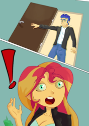 Size: 764x1081 | Tagged: safe, artist:vsma8, imported from derpibooru, part of a set, flash sentry, sunset shimmer, equestria girls, breasts, busty sunset shimmer, comic, exclamation point, female, flashimmer, male, shipping, straight