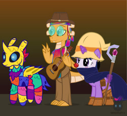 Size: 1385x1265 | Tagged: safe, artist:wheatley r.h., derpibooru exclusive, imported from derpibooru, oc, oc only, oc:myoozik the dragon, oc:twi clown, oc:w. rhinestone eyes, changeling, dragon, piñata pony, unicorn, black mage, changeling oc, clone, clothes, clown makeup, costume, dragon oc, female, glasses, glowing, glowing horn, gradient background, guitar, hat, hippie, horn, magic, male, mare, musical instrument, pants, piñata, round glasses, scepter, shirt, stallion, unicorn oc, vector, watermark