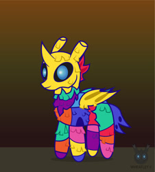 Size: 1143x1265 | Tagged: safe, artist:wheatley r.h., derpibooru exclusive, imported from derpibooru, oc, oc only, oc:w. rhinestone eyes, changeling, piñata pony, changeling oc, clothes, costume, cute, gradient background, piñata, vector, watermark