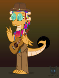 Size: 963x1265 | Tagged: safe, artist:wheatley r.h., derpibooru exclusive, imported from derpibooru, oc, oc only, oc:myoozik the dragon, dragon, clothes, costume, dragon oc, glasses, gradient background, guitar, hat, hippie, male, musical instrument, pants, round glasses, shirt, vector, watermark