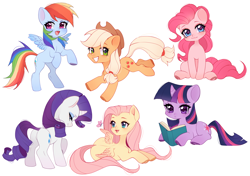 Size: 5400x3810 | Tagged: safe, artist:winnievincent, imported from derpibooru, applejack, fluttershy, pinkie pie, rainbow dash, rarity, twilight sparkle, butterfly, earth pony, pegasus, pony, unicorn, absurd resolution, book, butt, cute, dashabetes, diapinkes, female, heart eyes, jackabetes, lying down, mane six, mare, plot, prone, raribetes, reading, rearity, shyabetes, simple background, smiling, twiabetes, unicorn twilight, white background, wingding eyes