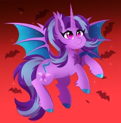Size: 2566x2607 | Tagged: safe, artist:emera33, imported from derpibooru, starlight glimmer, alicorn, bat, bat pony, bat pony alicorn, bat wings, chest fluff, fangs, flying, horn, race swap, solo, spread wings, wings