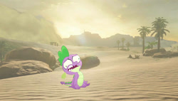 Size: 1186x674 | Tagged: safe, edit, edited screencap, editor:undeadponysoldier, imported from ponybooru, screencap, spike, dragon, my little pony: the movie, crossover, dehydrated, derp, desert, faic, gerudo desert, gerudo town, hot, male, palm tree, sand, sand seal, sandstorm, silly face, solo, story in the decription, story included, sweat, the legend of zelda, the legend of zelda: breath of the wild, tree, video game crossover