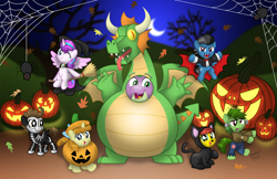 Size: 1920x1243 | Tagged: safe, artist:aleximusprime, imported from derpibooru, pound cake, princess flurry heart, pumpkin cake, spike, oc, oc:annie smith, oc:apple chip, oc:smelt, oc:smelt the dragon, oc:storm streak, cat, dragon, spider, undead, vampire, flurry heart's story, adult, adult spike, animal costume, black cat, bone, broom, cape, cat costume, clothes, colt, costume, crescent moon, dracula, dragon costume, dress up, fangs, fat, fat spike, female, filly, filly flurry heart, frankenstein's monster, halloween, halloween costume, hat, holiday, jack-o-lantern, kitten, leaves, looking at you, male, male and female, moon, nightmare night, older, older flurry heart, older pound cake, older pumpkin cake, older spike, one eye closed, pumpkin, skeleton, skeleton costume, spooky, vampire costume, webs, wink, witch, witch costume, witch hat