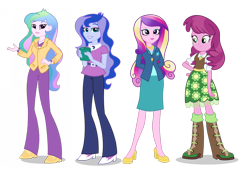 Size: 2879x2020 | Tagged: safe, imported from derpibooru, cheerilee, princess cadance, princess celestia, princess luna, equestria girls, boots, clipboard, clothes, dean cadance, female, hands behind back, high heels, pants, principal celestia, shoes, siblings, sisters, skirt, staff, teacher, vice principal luna