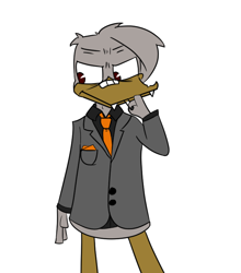 Size: 700x796 | Tagged: safe, artist:tranzmuteproductions, imported from derpibooru, oc, oc only, oc:tranzmute, anthro, bird, duck, bandaid, clothes, ducktales, necktie, simple background, solo, species swap, suit, white background