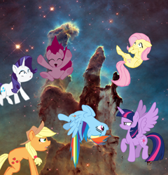 Size: 1280x1335 | Tagged: safe, artist:benpictures1, imported from derpibooru, applejack, fluttershy, pinkie pie, rainbow dash, rarity, twilight sparkle, alicorn, earth pony, pegasus, pony, unicorn, comic:ponies in the eagle nebula, my little pony: the movie, testing testing 1-2-3, applejack is not amused, applejack's hat, clothes, cowboy hat, cute, dashabetes, diapinkes, female, hat, inkscape, jackabetes, mare, pillars of creation, pinkie being pinkie, raribetes, shocked, shocked expression, shyabetes, twiabetes, twilight is not amused, twilight sparkle (alicorn), unamused, vector