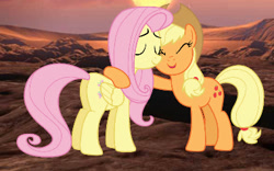 Size: 381x238 | Tagged: safe, artist:benpictures1, artist:cloudyglow, imported from derpibooru, applejack, fluttershy, earth pony, pegasus, pony, comic:ponies in the eagle nebula, bats!, appleshy, comforting, cute, duo, female, hug, irl, jackabetes, lesbian, photo, ponies in real life, shipping, shyabetes