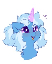 Size: 511x621 | Tagged: safe, artist:mirtash, imported from derpibooru, trixie, pony, unicorn, abstract background, blushing, bust, chest fluff, cute, diatrixes, ear fluff, eyelashes, female, horn, magic, mare, open mouth, open smile, simple background, smiling, solo, white background, wingding eyes