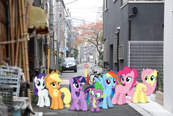 Size: 800x533 | Tagged: photographer needed, safe, edit, edited edit, editor:undeadponysoldier, imported from ponybooru, applejack, fluttershy, pinkie pie, rainbow dash, rarity, spike, twilight sparkle, dragon, earth pony, pegasus, pony, unicorn, back alley, bicycle, car, cone, cute, dragons in real life, edited photo, female, group, group photo, happy, hat, irl, mane seven, mane six, manhole, mare, photo, ponies in real life, pylon, road, sign, thinking, traffic cone, tree, unicorn twilight, vehicle, warning sign