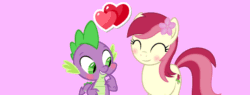 Size: 960x366 | Tagged: safe, artist:arifproject, artist:memnoch, edit, editor:undeadponysoldier, imported from ponybooru, vector edit, roseluck, spike, dragon, earth pony, pony, blushing, cute, cuteluck, daaaaaaaaaaaw, eyes closed, female, flower, flower in hair, happy, hearts and hooves day, holiday, male, mare, pink background, rosespike, shipping, simple background, smiling, spikabetes, straight, valentine's day, vector