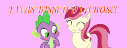 Size: 960x366 | Tagged: safe, artist:arifproject, artist:memnoch, edit, editor:undeadponysoldier, imported from ponybooru, vector edit, roseluck, spike, dragon, earth pony, pony, blushing, cute, cuteluck, daaaaaaaaaaaw, eyes closed, female, flower, flower in hair, happy, hearts and hooves day, holiday, kiss from a rose, male, mare, pink background, rosespike, seal (band), shipping, simple background, smiling, song reference, spikabetes, straight, text, valentine's day, vector