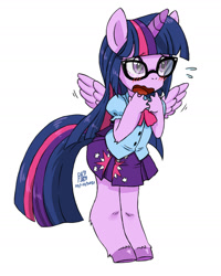 Size: 1228x1532 | Tagged: safe, artist:uenii, sci-twi, twilight sparkle, alicorn, anthro, blushing, glasses, hooves