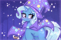 Size: 4096x2731 | Tagged: safe, artist:bunxl, imported from derpibooru, trixie, pony, unicorn, boast busters, :3, cape, clothes, curtains, cute, cutie mark, diatrixes, eyelashes, female, hat, horn, lidded eyes, mare, scene interpretation, smiling, solo, sparkles, stars, tail, trixie's cape, trixie's hat