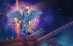 Size: 1577x1000 | Tagged: safe, artist:margony, imported from derpibooru, oc, oc only, alicorn, pony, alicorn oc, boat, braid, cannon, horn, magic, magic circle, sky, solo, space, stars, wings