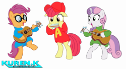 Size: 19000x10443 | Tagged: safe, artist:kuren247, imported from derpibooru, apple bloom, scootaloo, sweetie belle, earth pony, pegasus, pony, unicorn, alvin and the chipmunks, cutie mark crusaders, female, guitar, harmonica, mare, musical instrument, parody, simple background, transparent background