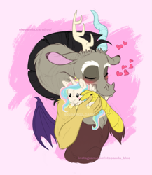 Size: 867x1000 | Tagged: safe, artist:stepandy, imported from derpibooru, discord, princess celestia, alicorn, draconequus, blush sticker, blushing, colored sketch, dislestia, eyes closed, female, heart, hug, male, plushie, shipping, simple background, straight