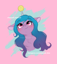 Size: 890x1003 | Tagged: safe, artist:stepandy, imported from derpibooru, izzy moonbow, pony, unicorn, abstract background, ball, blushing, bust, colored sketch, cute, female, floppy ears, g5, izzybetes, looking up, mare, my little pony: a new generation, simple background, solo, tennis ball, watermark