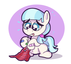 Size: 504x454 | Tagged: safe, artist:cookieboy011, imported from derpibooru, coco pommel, earth pony, pony, bandage, belly button, cute, female, filly, filly coco pommel, sewing, solo, tongue out