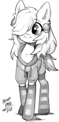 Size: 525x1081 | Tagged: safe, artist:opossum_imoto, imported from derpibooru, oc, oc only, earth pony, pony, clothes, ear piercing, female, gauges, grayscale, hair over one eye, mare, monochrome, piercing, simple background, smiling, socks, solo, striped socks, sweater, white background