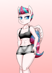 Size: 1200x1700 | Tagged: safe, artist:zachc, imported from derpibooru, zipp storm, anthro, pegasus, abs, belly button, breasts, clothes, female, g5, hand on hip, looking at you, my little pony: a new generation, shorts, simple background, solo, sports bra, sports shorts