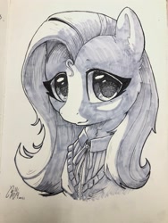 Size: 3024x4032 | Tagged: safe, artist:b_m, imported from derpibooru, fluttershy, pegasus, pony, bust, clothes, female, mare, monochrome, solo, traditional art