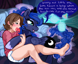 Size: 1280x1054 | Tagged: safe, artist:onc3l3rphobix, imported from derpibooru, princess luna, oc, alicorn, human, pony, abdl, bed, bedroom, blushing, canterlot castle, caretaker, cute, dialogue, diaper, diaper fetish, female, fetish, innocent, luna's bedroom, luna's room, magic, magic aura, mare, non-baby in diaper, oc name needed, pacifier, princess, speech bubble, text