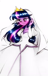 Size: 2286x3545 | Tagged: safe, artist:liaaqila, imported from derpibooru, twilight sparkle, human, equestria girls, bashful, blushing, bride, clothes, crown, dress, female, gown, high res, jewelry, regalia, simple background, solo, wedding dress, wedding veil, white background