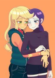 Size: 2894x4093 | Tagged: safe, artist:haibaratomoe, imported from derpibooru, applejack, rarity, equestria girls, alternate hairstyle, blushing, clothes, cute, eyebrows, eyebrows visible through hair, eyeshadow, female, grin, high res, hug, jackabetes, jeans, lesbian, looking at each other, makeup, one eye closed, orange background, pants, raribetes, rarijack, shipping, shorts, simple background, smiling, smiling at each other, stockings, sweater, thigh highs, wink