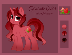 Size: 3320x2520 | Tagged: safe, artist:alissa1010, imported from derpibooru, oc, oc:granada dulce, pony, unicorn, female, food, high res, pomegranate, reference sheet