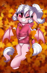 Size: 2580x4000 | Tagged: safe, artist:confetticakez, imported from derpibooru, oc, oc only, oc:cream puff, bat pony, pony, autumn, autumn leaves, bat pony oc, clothes, female, hoodie, leaf, leaves, looking at you, one eye closed, smiling, solo, spread wings, wings