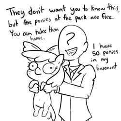 Size: 3300x3300 | Tagged: safe, artist:tjpones, imported from derpibooru, apple bloom, oc, oc:anon, earth pony, human, pony, belly button, black and white, dialogue, duo, female, filly, grayscale, high res, holding a pony, implied kidnapping, male, meme, monochrome, open mouth, open smile, ponified meme, simple background, smiling, story in the comments, thousand yard stare, white background