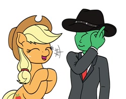 Size: 1270x1000 | Tagged: safe, artist:mkogwheel, imported from derpibooru, applejack, oc, oc:anon, earth pony, human, pony, applejack's hat, bipedal, cowboy hat, cute, duo, eyes closed, female, hat, hooves together, jackabetes, male, mare, open mouth, open smile, simple background, smiling, stetson, white background