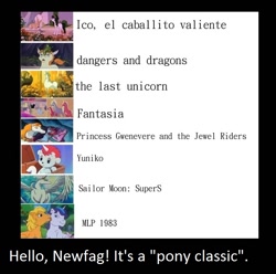 Size: 775x770 | Tagged: safe, edit, edited screencap, imported from derpibooru, screencap, applejack (g1), glory, horse, pegasus, pony, unicorn, '90s, 80s, boomer, cartoons, classic, dungeons and dragons, fantasia, g1, ico the brave little horse, meme, misspelling, newfag, op is a duck, pen and paper rpg, rpg, sailor moon, the last unicorn, unico, vulgar, zoomer