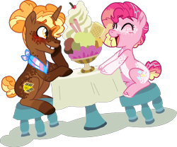 Size: 1048x872 | Tagged: safe, artist:rickysocks, imported from derpibooru, cheese sandwich, pinkie pie, pony, unicorn, alternate design, base used, cheesepie, duo, female, food, ice cream, male, race swap, shipping, simple background, straight, transgender, transparent background