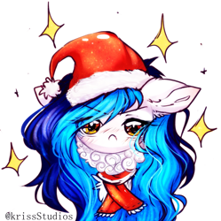 Size: 1597x1601 | Tagged: safe, artist:krissstudios, imported from derpibooru, oc, oc only, pony, bust, christmas, female, hat, holiday, mare, portrait, santa hat, simple background, solo, white background