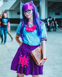 Size: 1080x1351 | Tagged: safe, artist:flutterbutter cosplay, imported from derpibooru, twilight sparkle, human, book, book of harmony, clothes, cosplay, costume, female, glasses, irl, irl human, photo