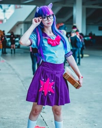 Size: 1080x1351 | Tagged: safe, artist:flutterbutter cosplay, imported from derpibooru, twilight sparkle, human, clothes, cosplay, costume, female, glasses, irl, irl human, photo, socks