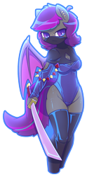 Size: 666x1340 | Tagged: safe, artist:afkregen, imported from derpibooru, oc, oc only, anthro, bat pony, unguligrade anthro, bat pony oc, bat wings, breasts, clothes, digital art, female, leotard, looking at you, mask, pose, samurai, simple background, solo, stockings, suit, tail, thigh highs, thighs, transparent background, wings