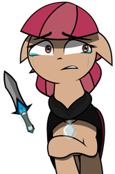 Size: 997x1500 | Tagged: safe, artist:darksoma, imported from derpibooru, oc, oc only, oc:mira star, earth pony, pony, cape, clothes, earth darksider, female, filly, floating knife, knife, panicking, simple background, solo, species:darksider, the darksiders, transparent background, void crystal, younger