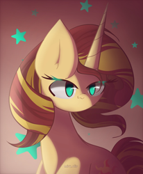 Size: 1650x2000 | Tagged: safe, artist:miryelis, imported from derpibooru, sunset shimmer, pony, unicorn, equestria girls, bust, cute, female, portrait, shade, smiling, solo, stars