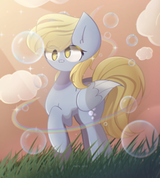 Size: 1800x2000 | Tagged: safe, artist:miryelis, imported from derpibooru, derpy hooves, pegasus, pony, background pony, bubble, cloud, cute, derp, female, field, grass, rainbow, sky, smiling, solo, stare