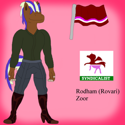 Size: 2900x2900 | Tagged: safe, imported from derpibooru, anthro, hybrid, plantigrade anthro, boots, clothes, community related, design, flag, hair, heeled boots, hidden eyes, high res, male, pants, pink, political cartoon, rodham, rovari, shoes, solo, vest, zoor
