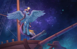 Size: 1280x812 | Tagged: safe, alternate version, artist:margony, imported from derpibooru, oc, oc only, alicorn, pony, alicorn oc, boat, braid, cannon, digital art, female, flying, glowing, glowing horn, horn, mare, night, ship, sky, solo, space, spread wings, stars, tail, wings
