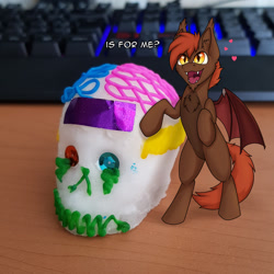 Size: 1280x1280 | Tagged: safe, artist:zackwhitefang, imported from derpibooru, oc, oc only, oc:zack whitefang, bat pony, pony, bat pony oc, bat wings, calaverita (sugar skull), cute, dia de los muertos, digital art, irl, male, open mouth, photo, solo, spread wings, standing, sugar skull, tail, wings