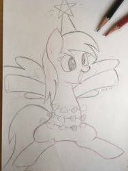 Size: 983x1310 | Tagged: safe, artist:huodx, imported from derpibooru, derpy hooves, pegasus, pony, derpy star, female, grayscale, mare, monochrome, open mouth, open smile, pencil, pencil drawing, smiling, solo, spread arms, traditional art